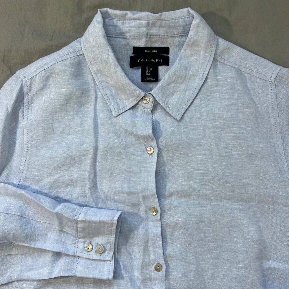 TAHARI 100% Linen Button Up Shirt Womens Size Large Light Blue Long Sleeve Tunic